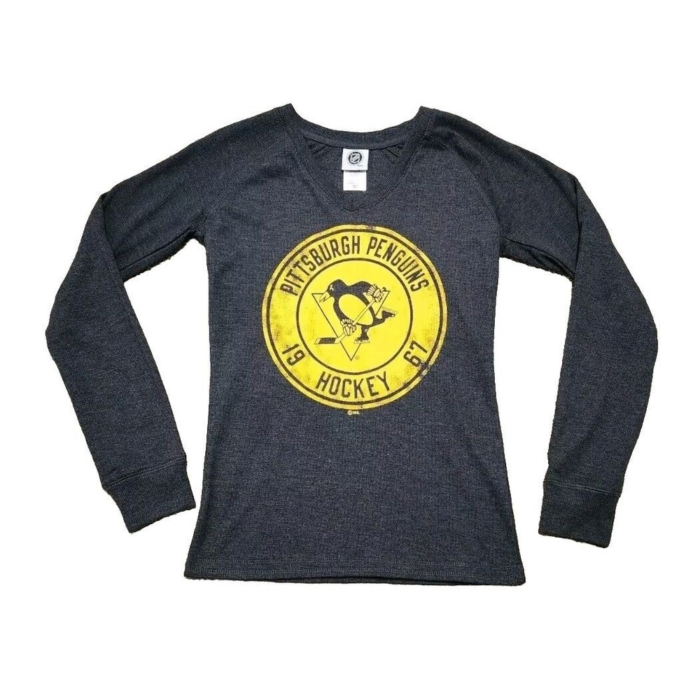 New NHL Pittsburgh Penguins Women's Waffle Knit Long Sleeve Shirt Medium V Neck